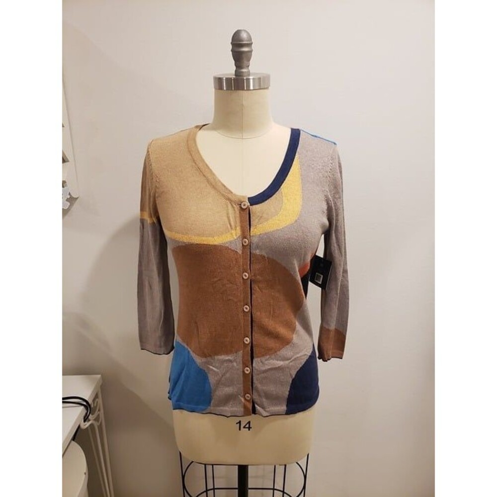 NWT Zozo Mod Print Cardigan Cotton Rayon 3/4 Sleeve Beige Brown Size Medium